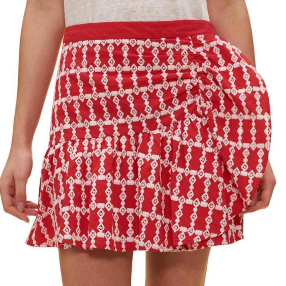 CLAUDIE PIERLOT
Red and White Mini Wrap Skirt with Ruffled Tie Front size M